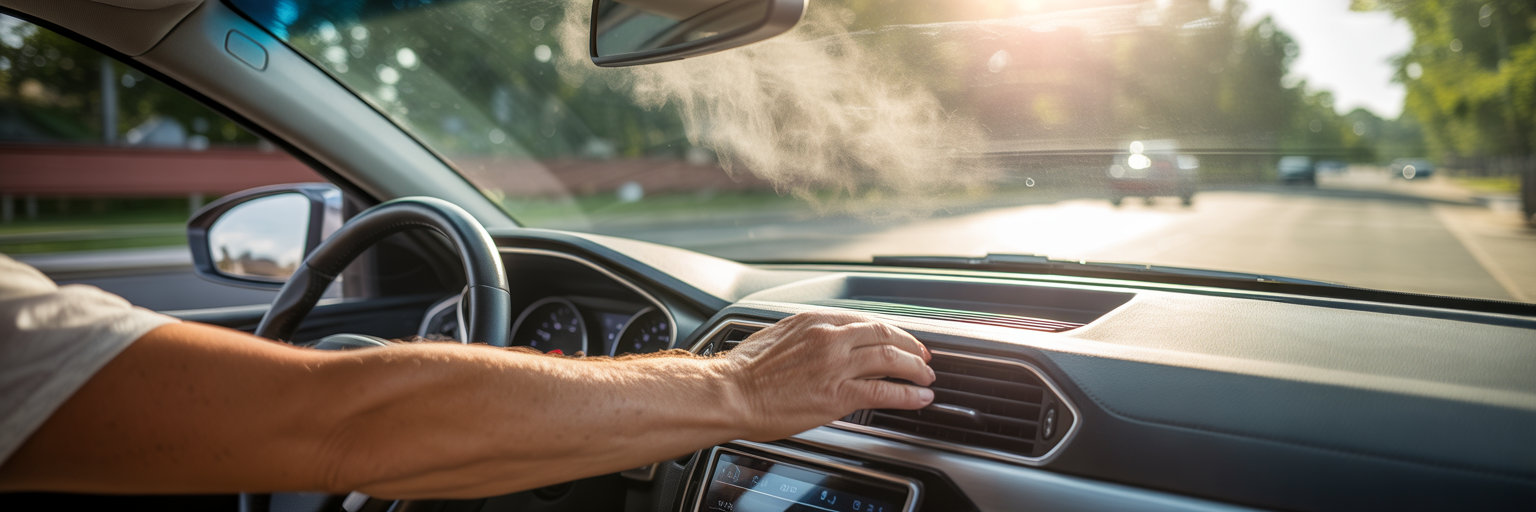 Hand reaching for car AC vent on hot day.