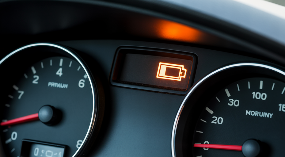 Illuminated car battery warning light on dashboard.