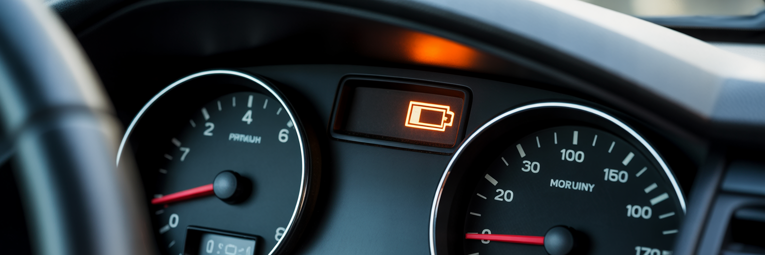 Illuminated car battery warning light on dashboard.