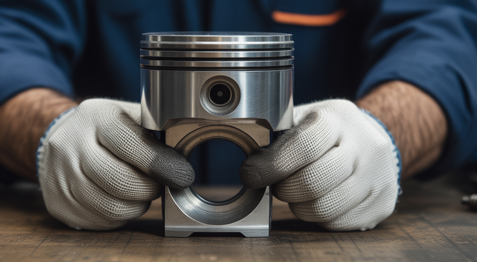 Hand holding piston with flawed ring.