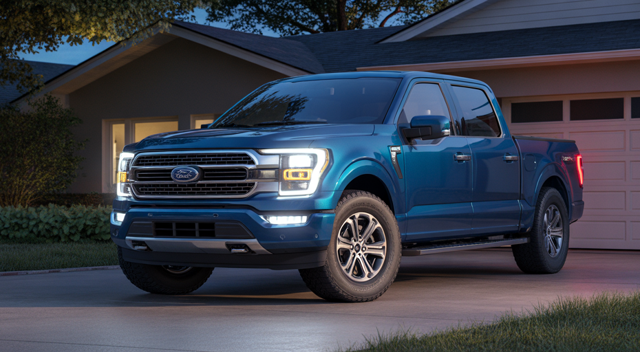 Ford F-150 truck in driveway at dusk.