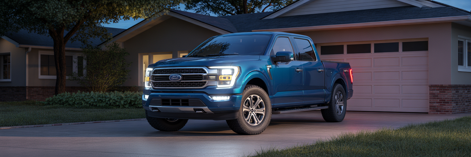 Ford F-150 truck in driveway at dusk.