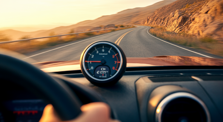 View of a sports car tachometer on a winding road.