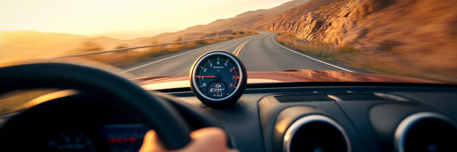 View of a sports car tachometer on a winding road.