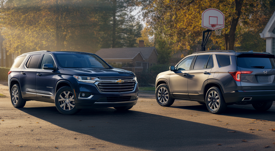 Chevrolet Traverse and Honda Pilot in suburban driveway.