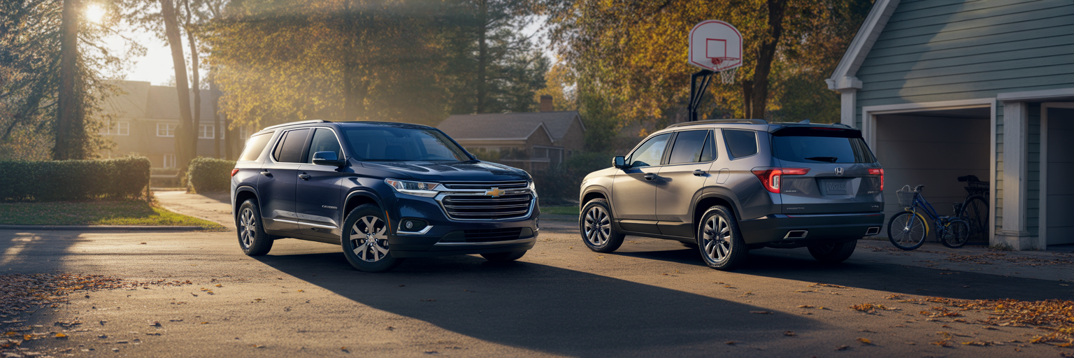 Chevrolet Traverse and Honda Pilot in suburban driveway.