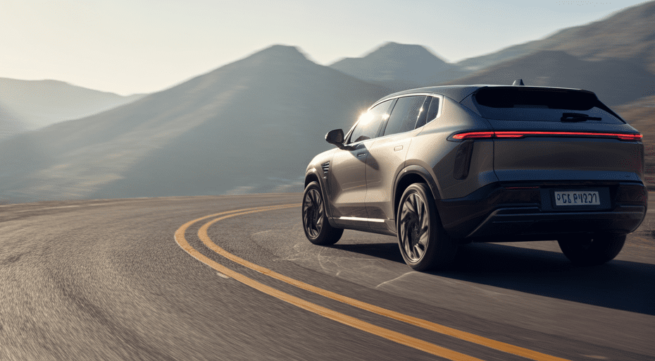 Modern SUV on scenic mountain road.