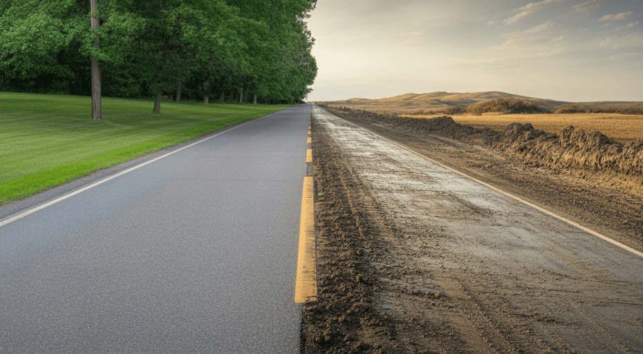 A road split between clean suburbia and muddy terrain.