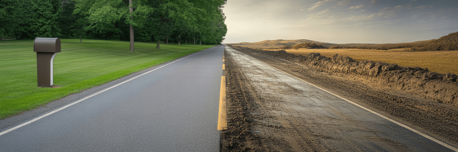 A road split between clean suburbia and muddy terrain.