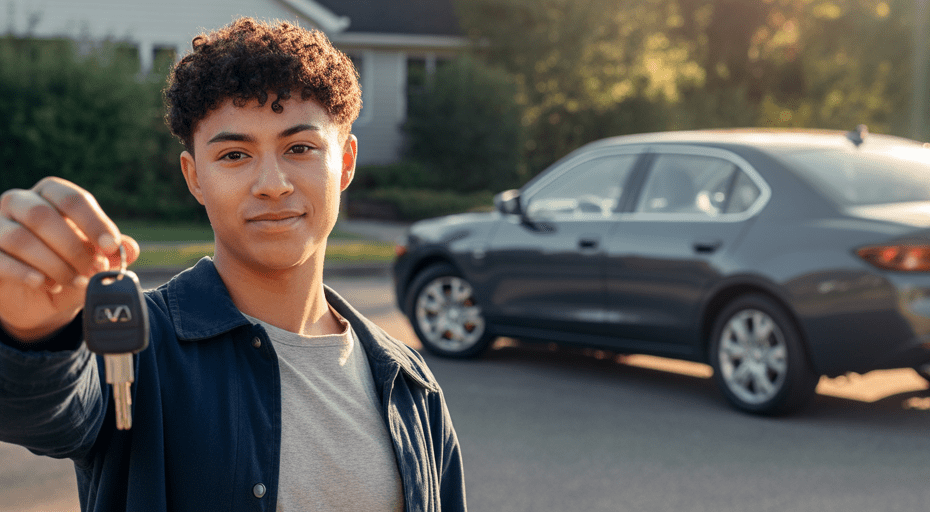Confident young person holding car keys.
