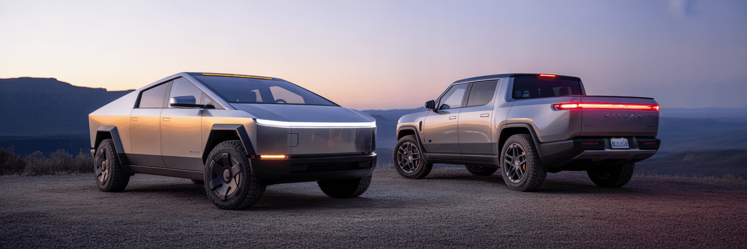 Tesla Cybertruck and Rivian R1T parked at a scenic overlook.