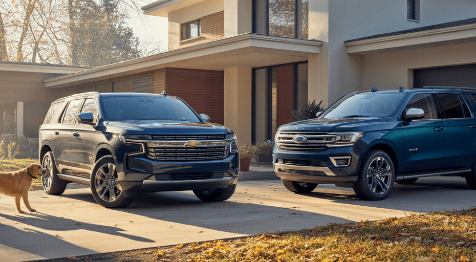 Chevrolet Tahoe and Ford Expedition in driveway.