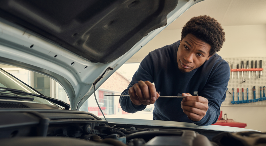 Person checking car oil in garage