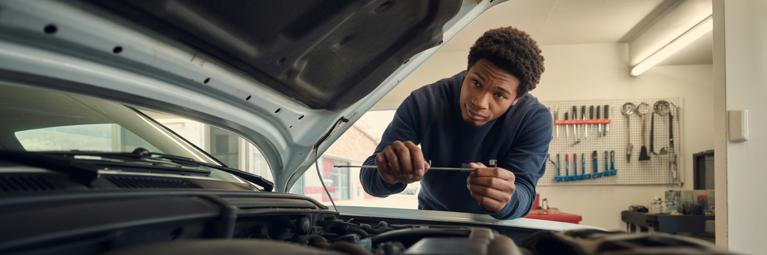 Person checking car oil in garage