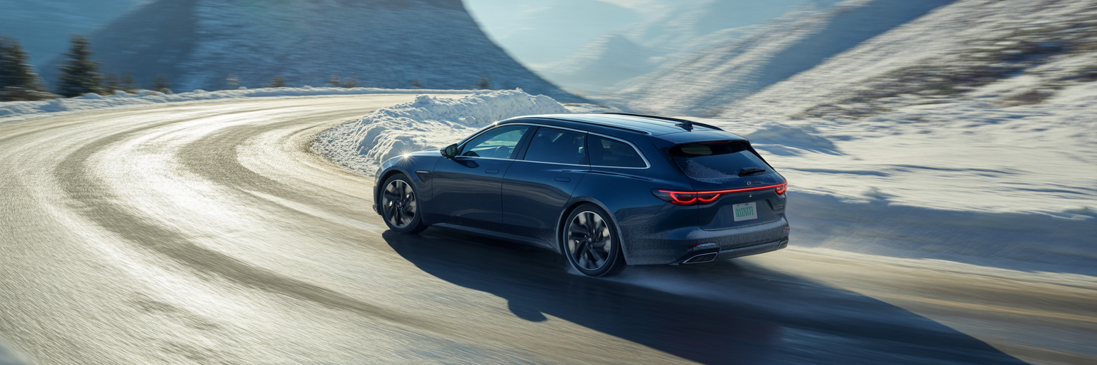 Capable wagon driving on snowy mountain road