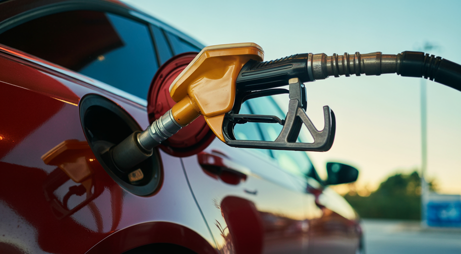 Gas pump nozzle entering car tank