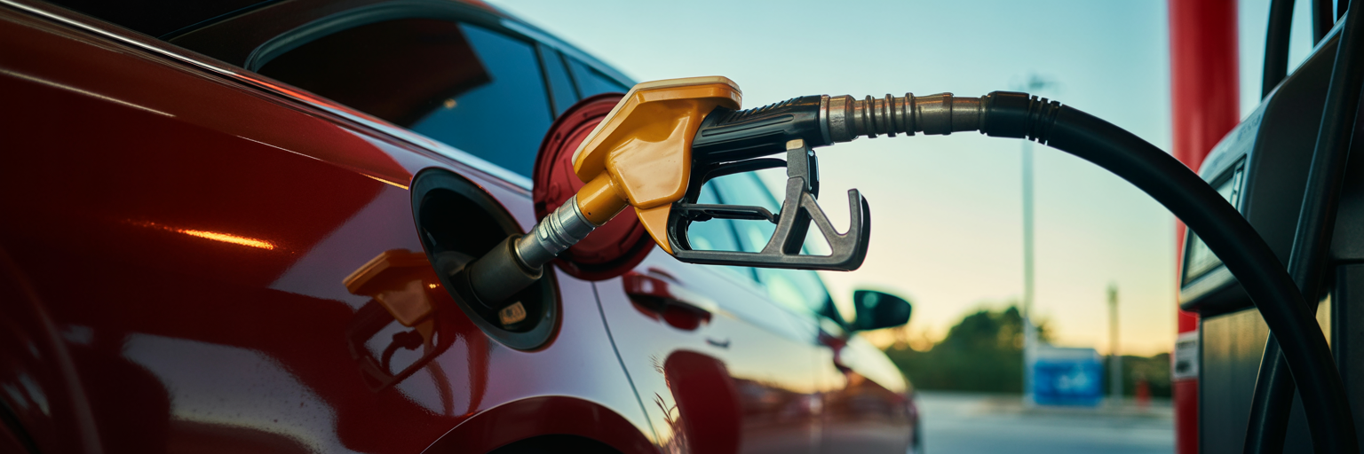 Gas pump nozzle entering car tank