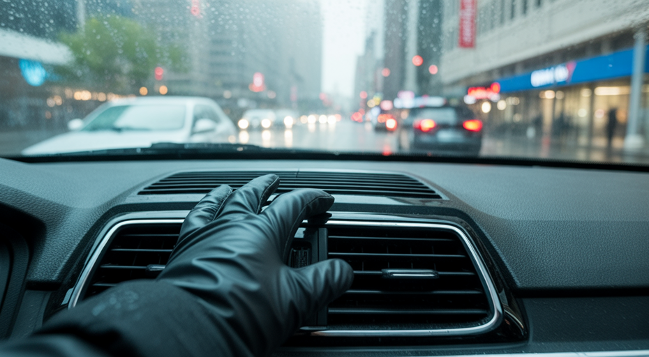 Driver checking car vent for heat on a cold day.