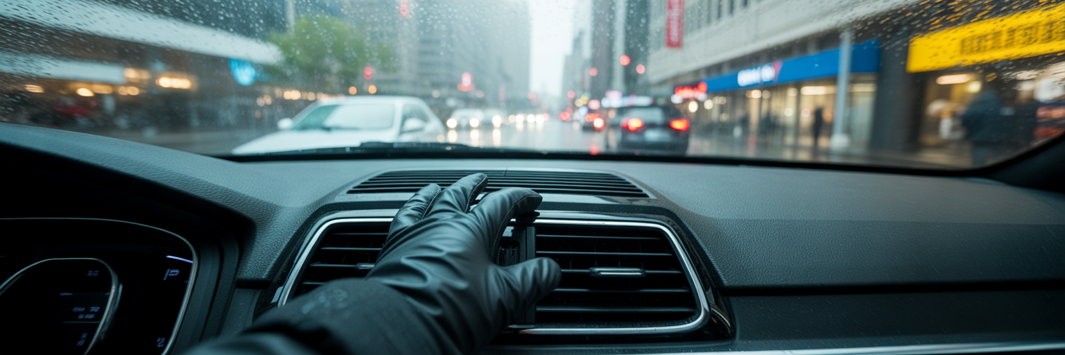 Driver checking car vent for heat on a cold day.