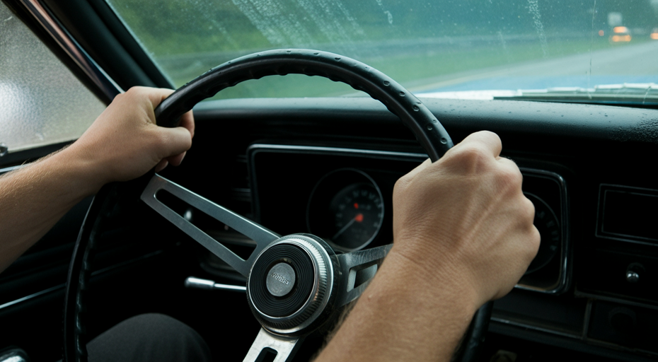 Driver's hands gripping a vibrating steering wheel on a highway.