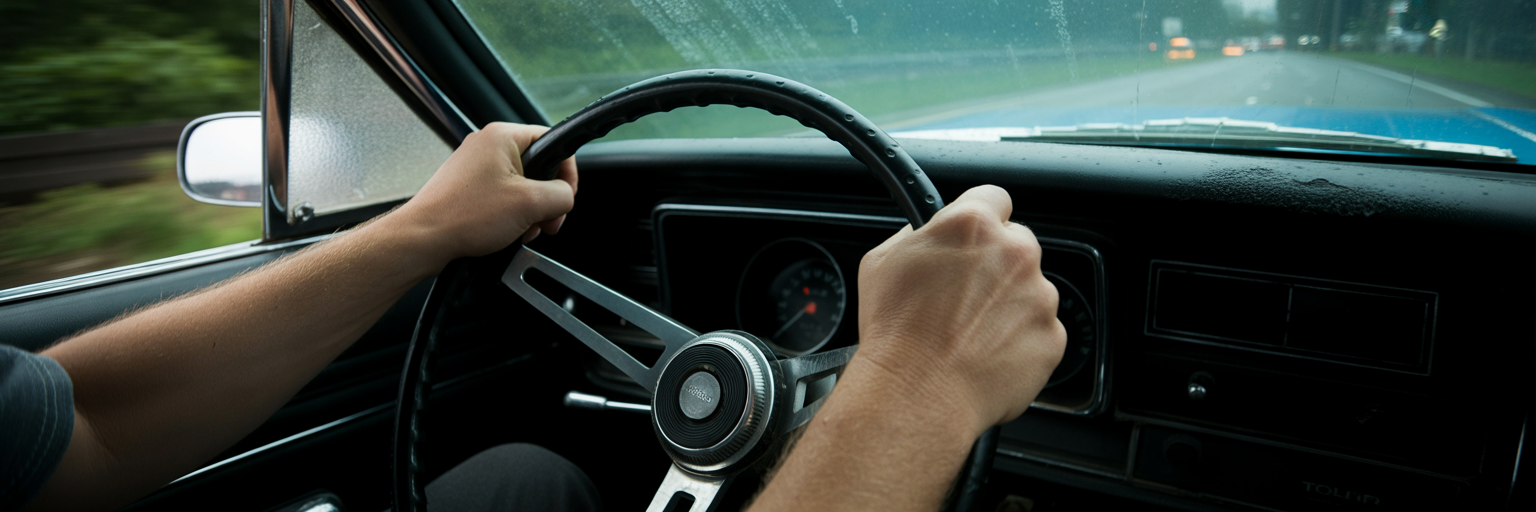 Driver's hands gripping a vibrating steering wheel on a highway.
