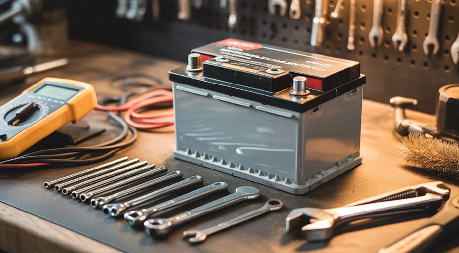 Car battery and diagnostic tools on workbench.