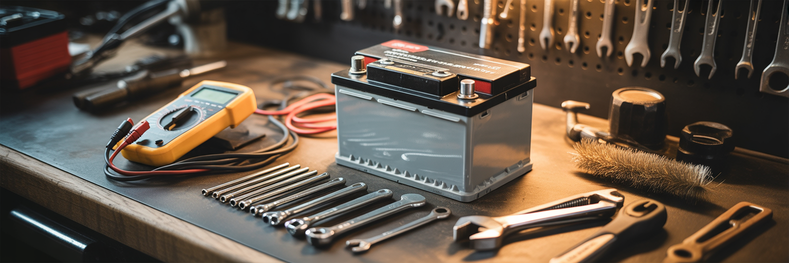 Car battery and diagnostic tools on workbench.