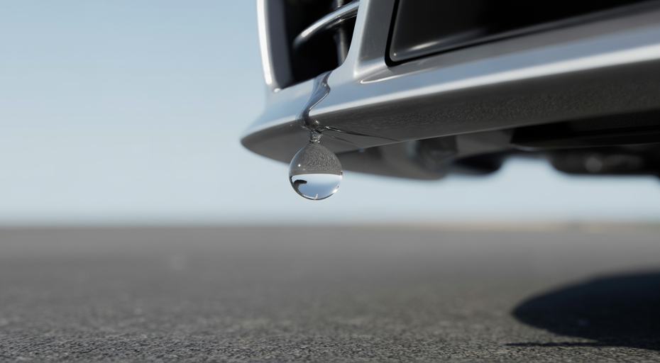 Clear water drop falling from under a car.