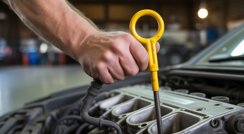 Checking car engine oil dipstick.