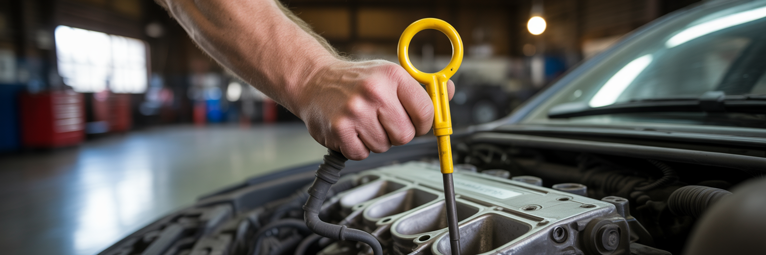 Checking car engine oil dipstick.