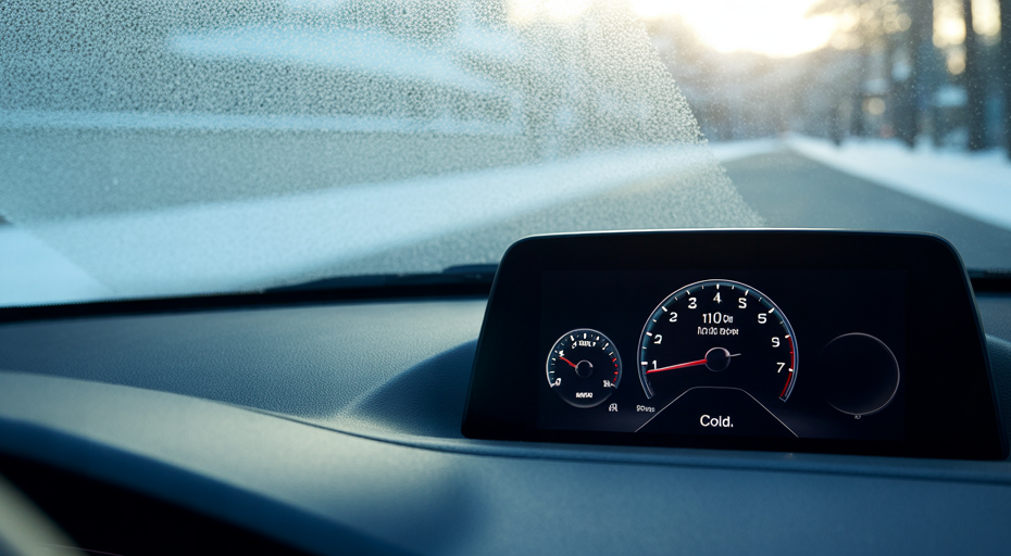 Car dashboard on a cold morning during warm-up