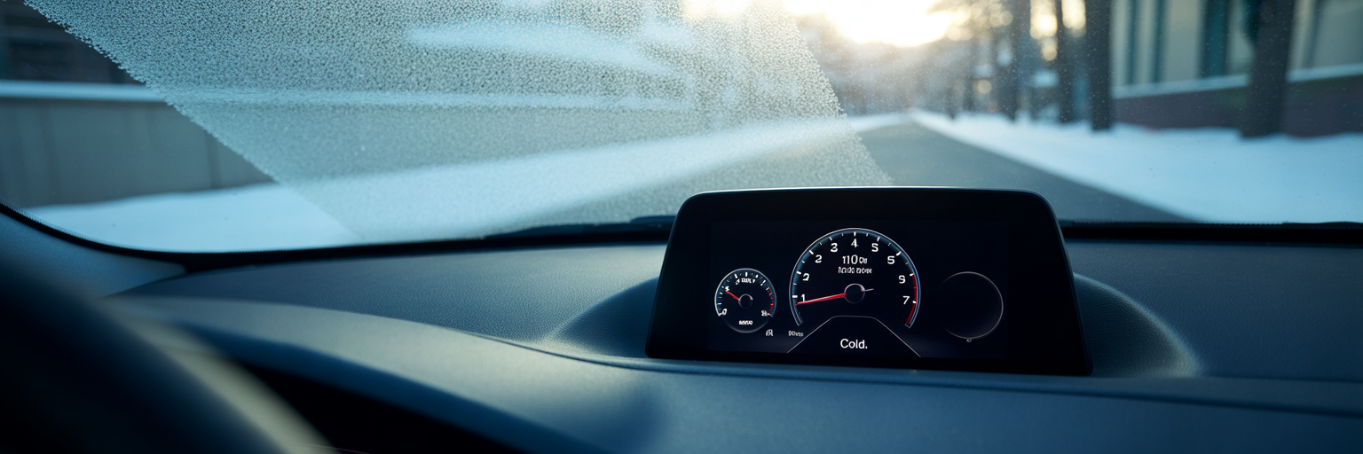 Car dashboard on a cold morning during warm-up