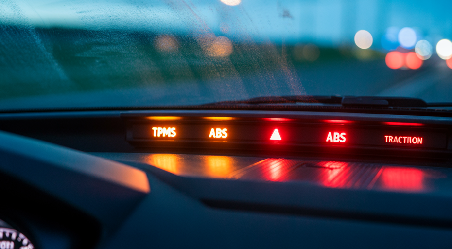 Car dashboard with multiple warning lights on.