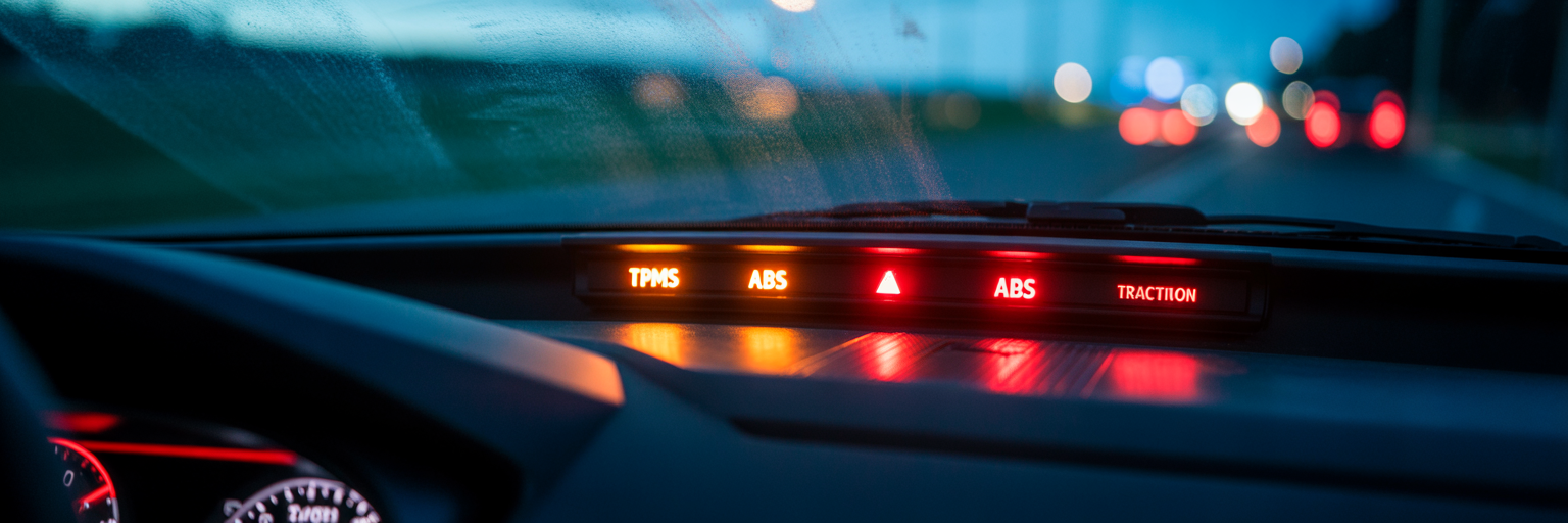 Car dashboard with multiple warning lights on.