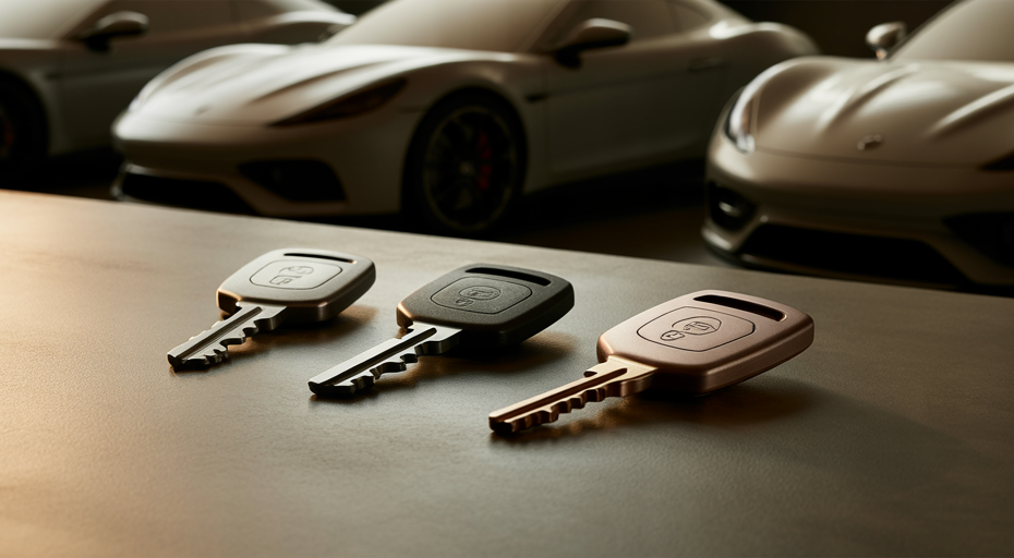 Three distinct performance car keys.