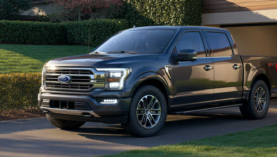 2026 Ford F-150 SuperCrew in front of garage.