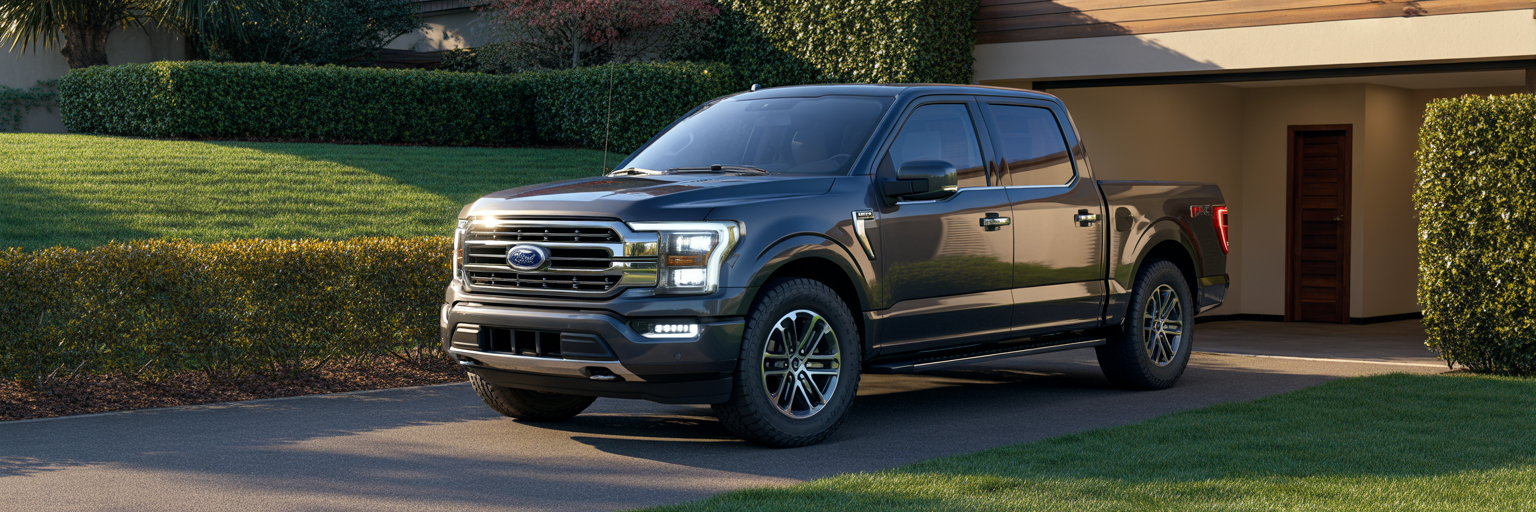 2026 Ford F-150 SuperCrew in front of garage.