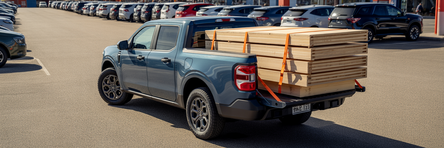 2026 Ford Maverick hauling 4x8 plywood sheets.