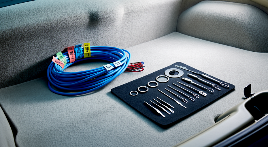 Inspecting backup camera wiring in car trunk.