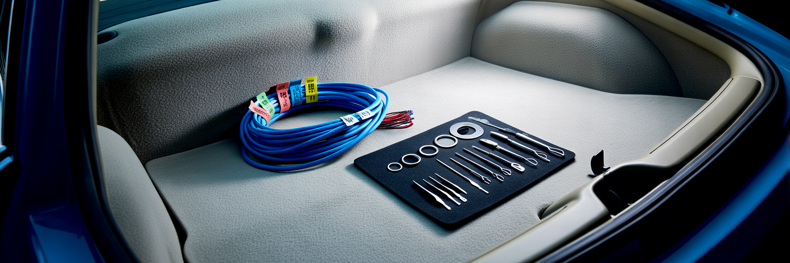 Inspecting backup camera wiring in car trunk.