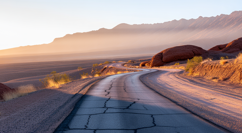 Winding road turning to dirt path at sunrise.