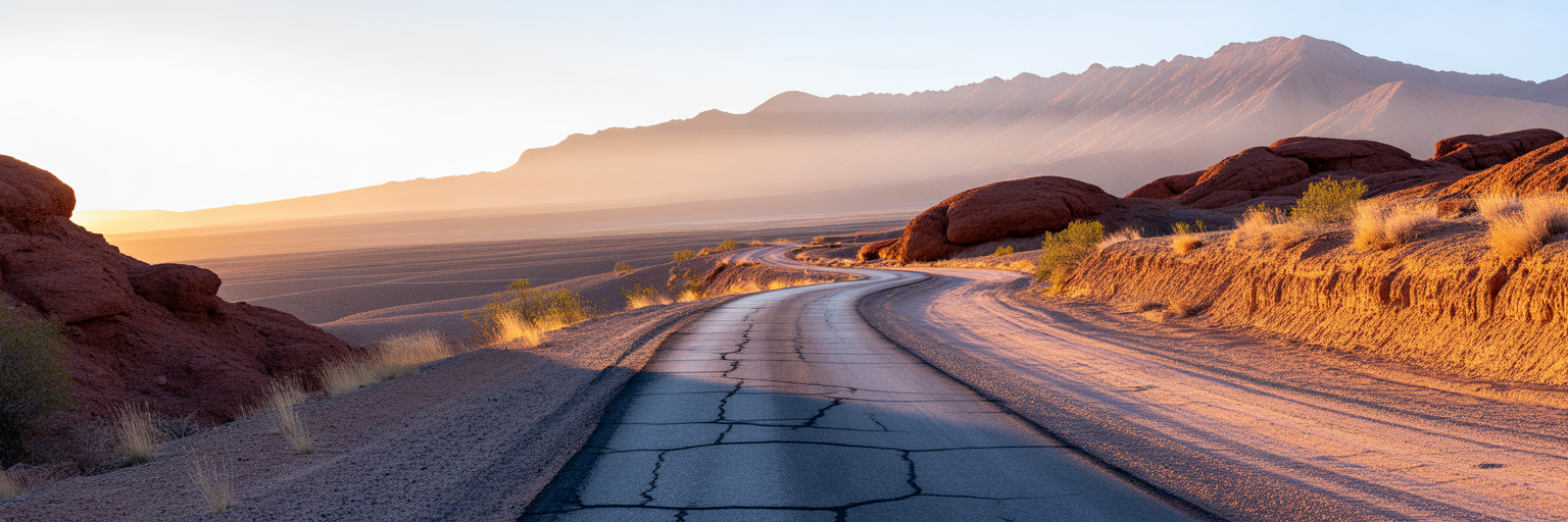 Winding road turning to dirt path at sunrise.
