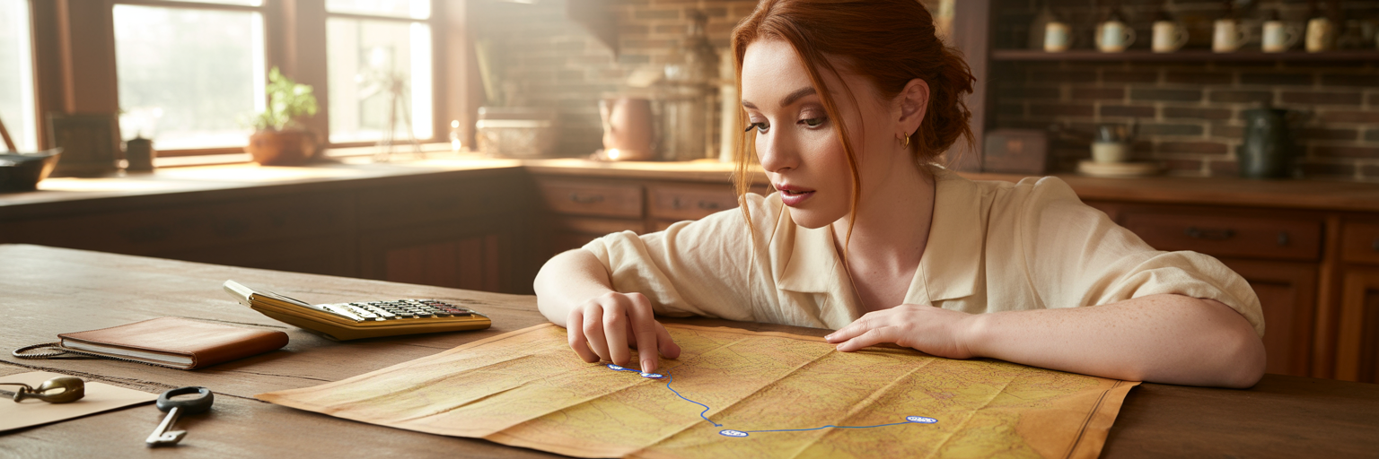 Person planning road trip with map