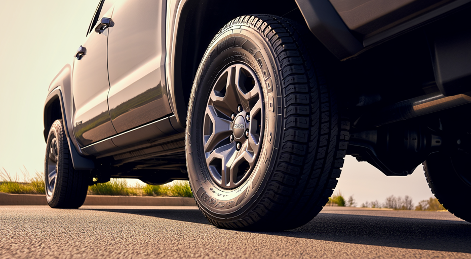 Truck tire showing wear on inside edge.