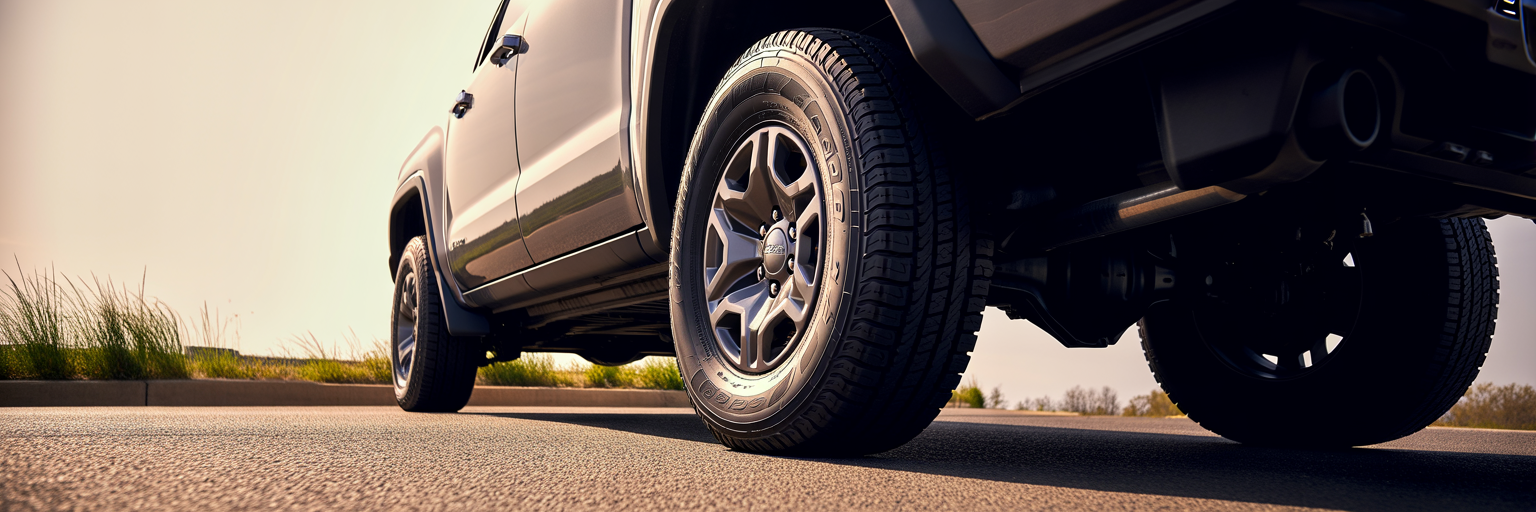 Truck tire showing wear on inside edge.