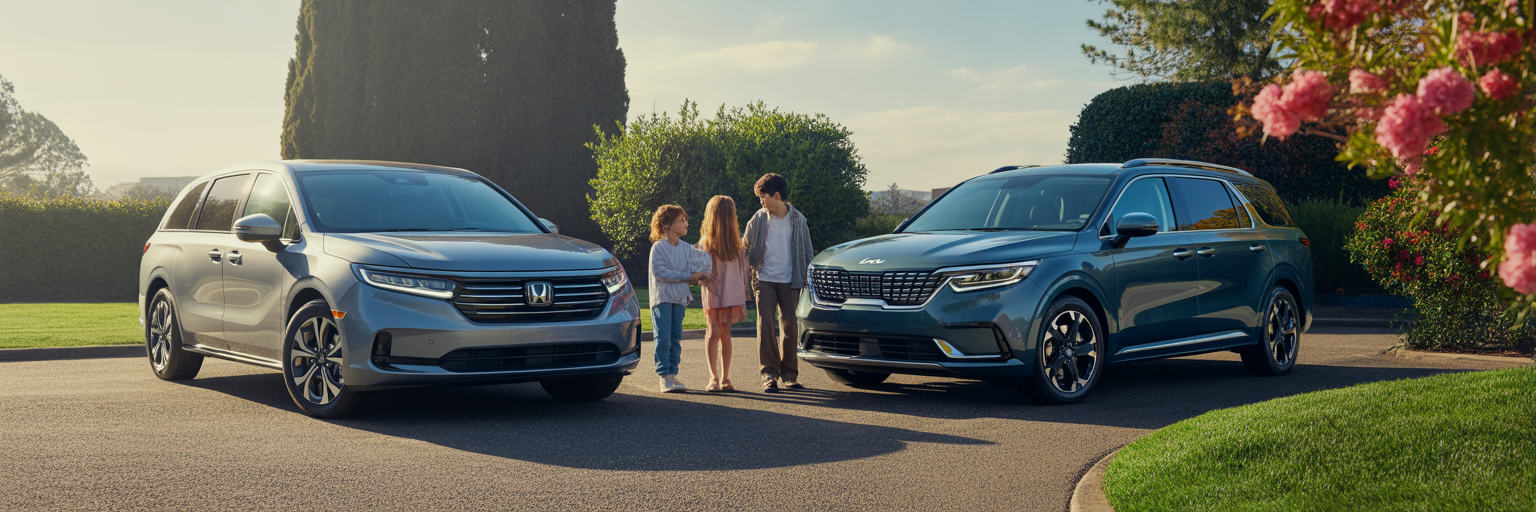Family comparing Honda Odyssey and Kia Carnival Hybrid.