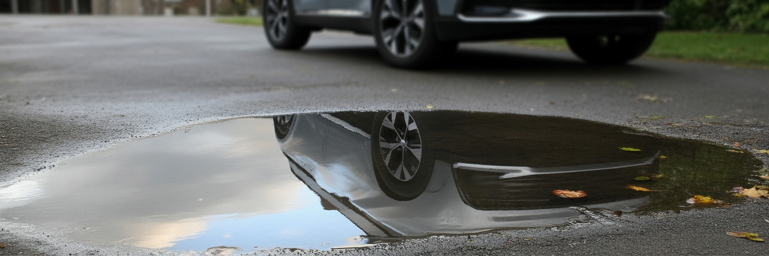 Clear water puddle under a modern car