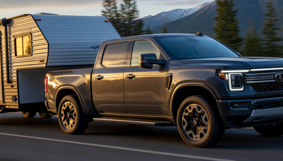 Half-ton truck towing a large travel trailer.