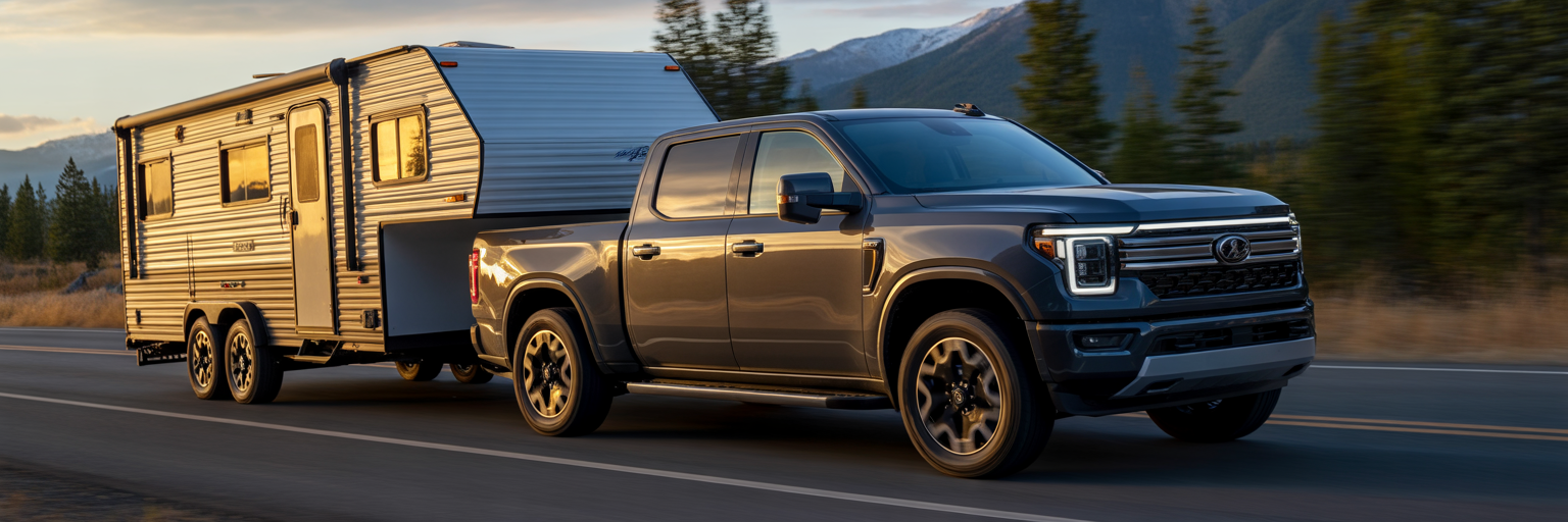 Half-ton truck towing a large travel trailer.