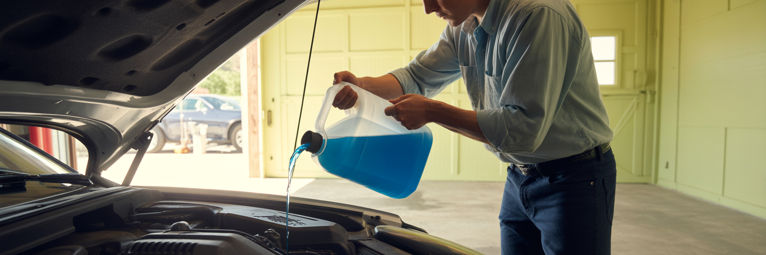 Pouring windshield washer fluid into car